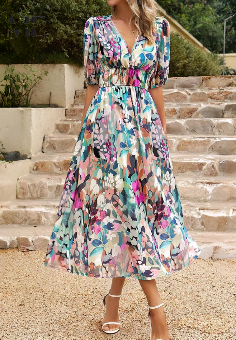 Women's Multicolor Floral Midi Dress Half Puff Sleeve V Neck Flowy Summer Boho Dress - Seldom Seen Styles