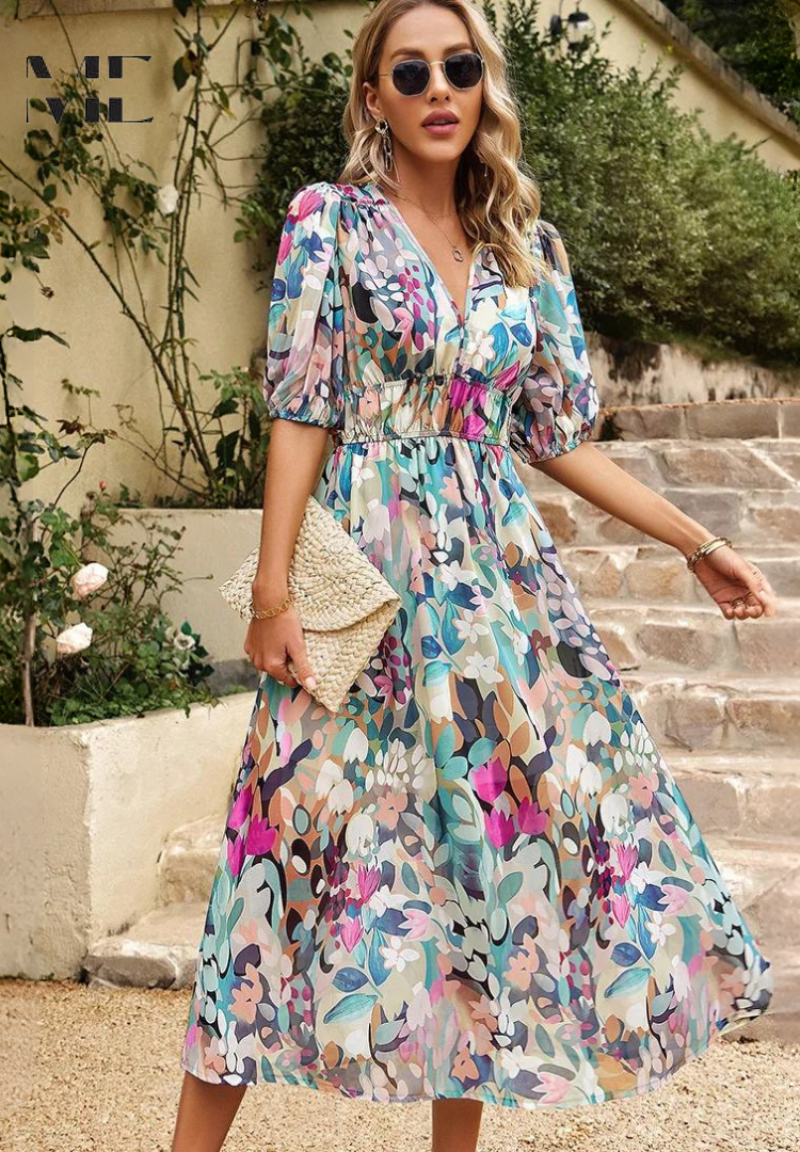 Women's Multicolor Floral Midi Dress Half Puff Sleeve V Neck Flowy Summer Boho Dress - Seldom Seen Styles