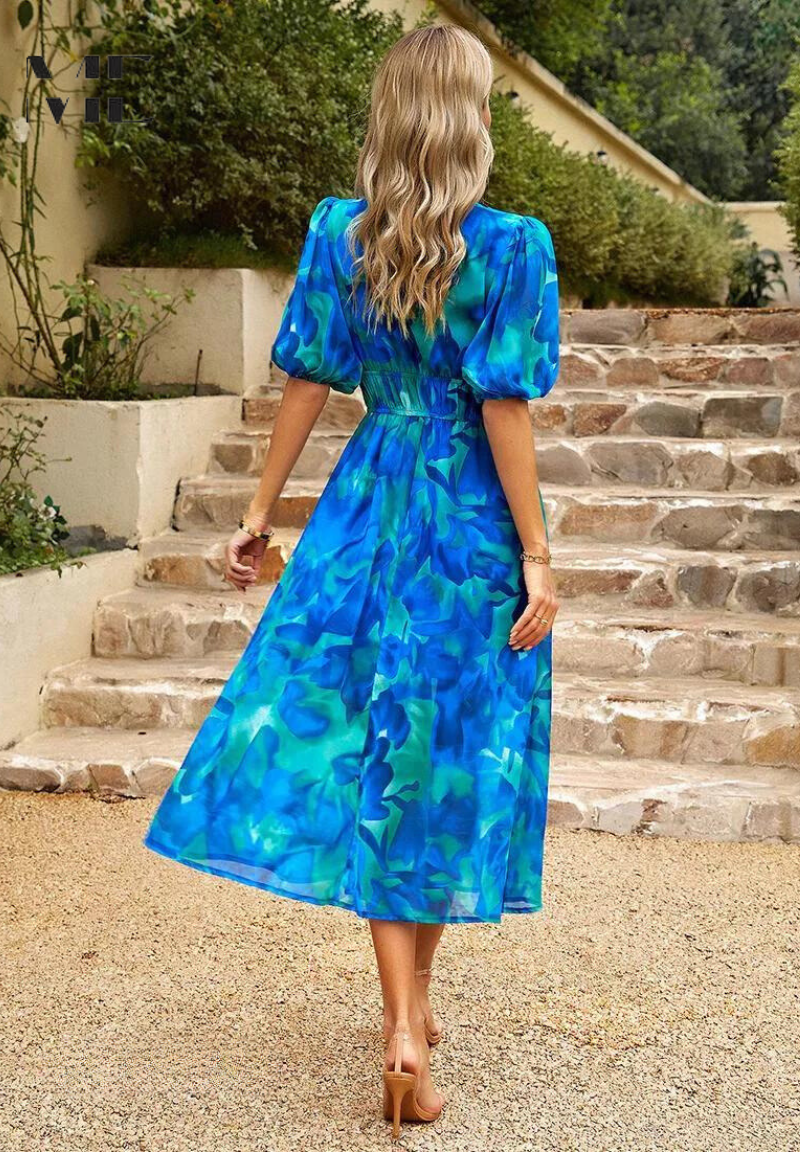 Women's Multicolor Floral Midi Dress Half Puff Sleeve V Neck Flowy Summer Boho Dress - Seldom Seen Styles