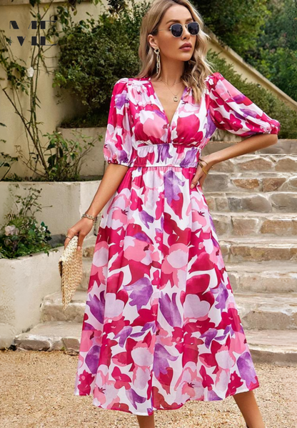 Women's Multicolor Floral Midi Dress Half Puff Sleeve V Neck Flowy Summer Boho Dress