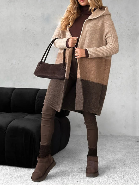 Women 2025 Fall Outfits Open Front Long Sleeve Hooded Knit Cardigan Sweaters Color Block Outwear Coats - Seldom Seen Styles