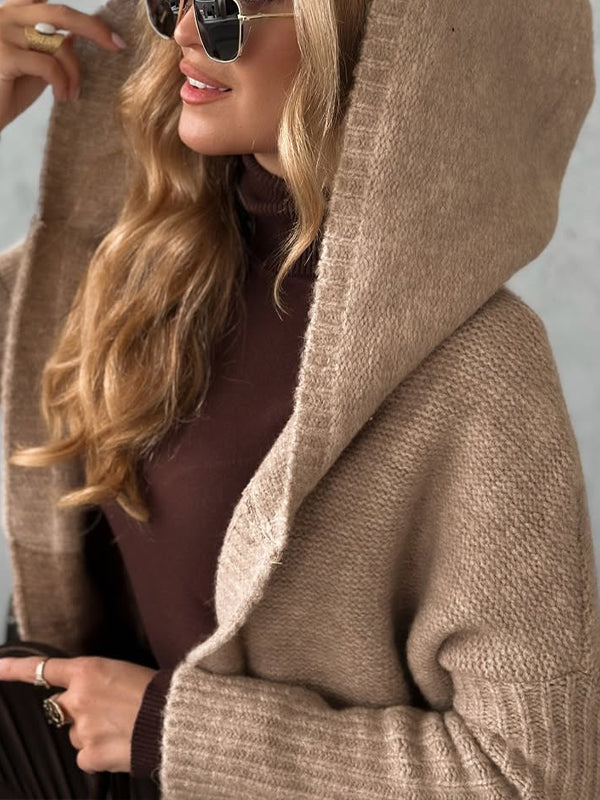 Women 2025 Fall Outfits Open Front Long Sleeve Hooded Knit Cardigan Sweaters Color Block Outwear Coats - Seldom Seen Styles