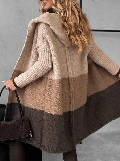 Damen 2025 Herbst Outfits Offene Strickjacken mit Kapuze und langen Ärmeln Color Block Oberbekleidung Mäntel