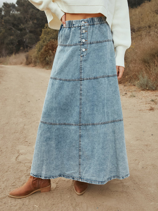 Women Casual Denim Maxi Skirt Elastic High Waist Tiered A Line Long Jean Skirt Y2k Western Patchwork 2025 - Seldom Seen Styles