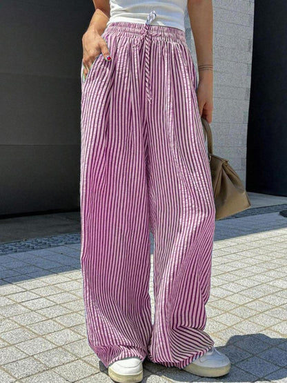 Pantalon décontracté à rayures et taille élastique avec cordon de serrage et poches pour femme