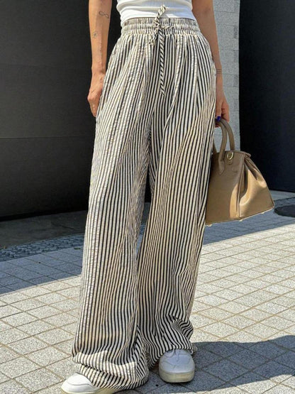 Pantalon décontracté à rayures et taille élastique avec cordon de serrage et poches pour femme