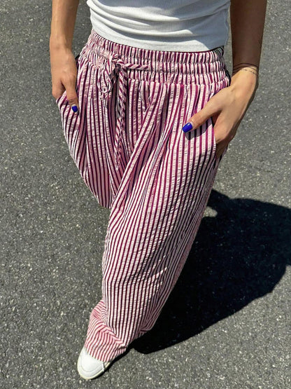 Pantalon décontracté à rayures et taille élastique avec cordon de serrage et poches pour femme