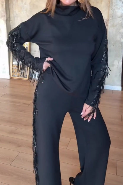 Ensemble Femme Décontracté Haut Col Montant Manches Longues Paillettes Gland Épissure + Pantalon