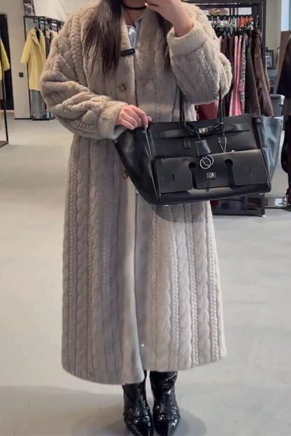 Damen lässiger warmer Zopfstrick-Plüsch-Long-Cardigan-Mantel