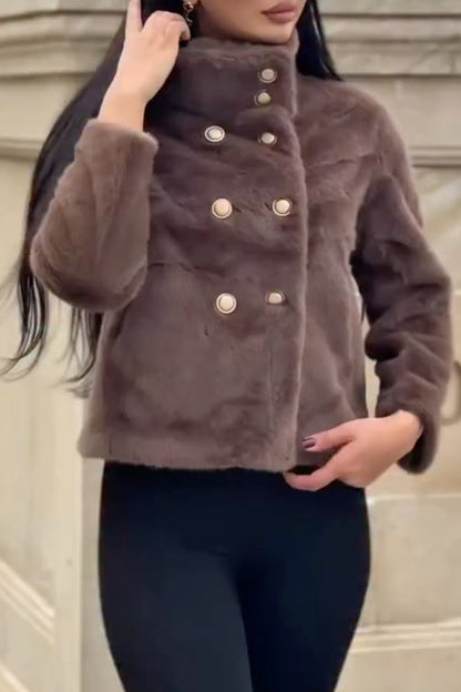 Damen lässige, warme, zweireihige Plüsch-Kurzjacke mit Rollkragen