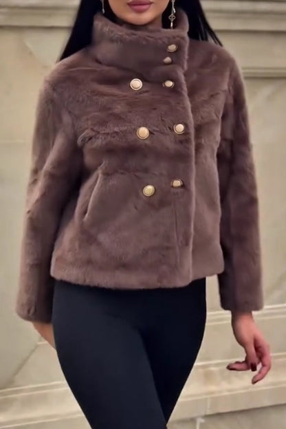 Damen lässige, warme, zweireihige Plüsch-Kurzjacke mit Rollkragen