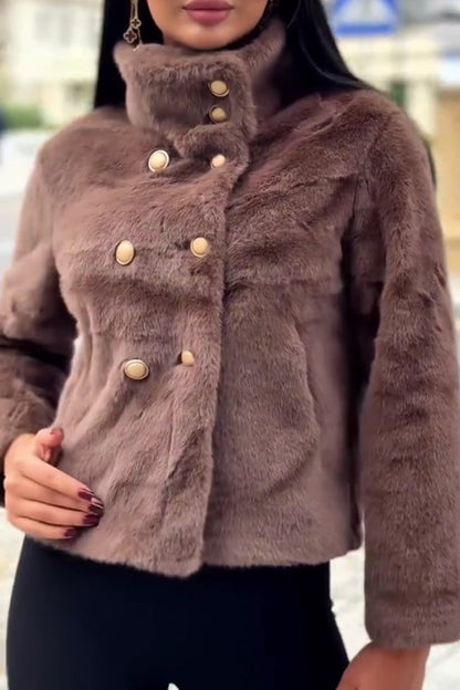 Damen lässige, warme, zweireihige Plüsch-Kurzjacke mit Rollkragen