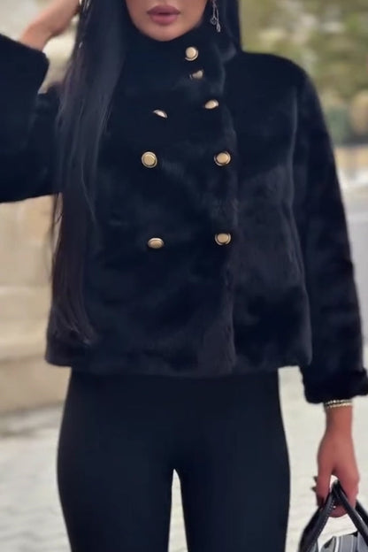 Damen lässige, warme, zweireihige Plüsch-Kurzjacke mit Rollkragen
