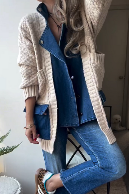 Damen Strickjacke mit Kragen und Patchworkmuster, Freizeit-Stil