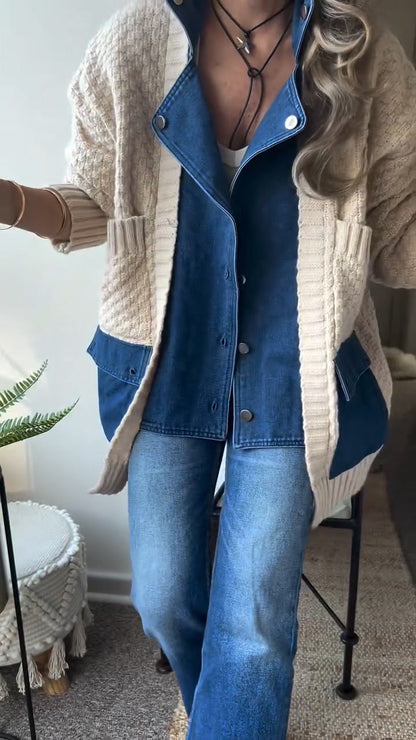 Damen Strickjacke mit Kragen und Patchworkmuster, Freizeit-Stil