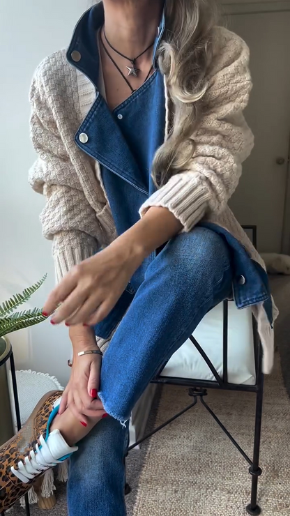 Damen Strickjacke mit Kragen und Patchworkmuster, Freizeit-Stil