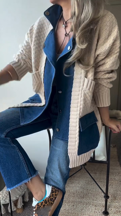 Damen Strickjacke mit Kragen und Patchworkmuster, Freizeit-Stil
