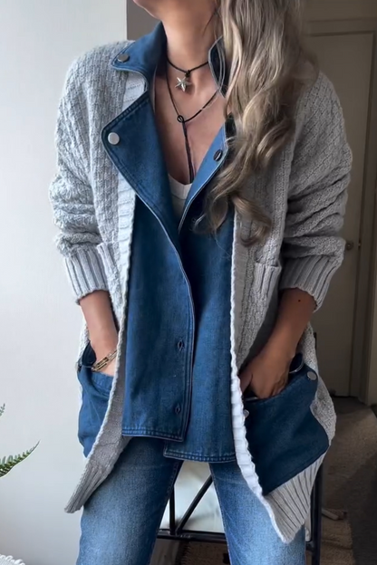 Damen Strickjacke mit Kragen und Patchworkmuster, Freizeit-Stil