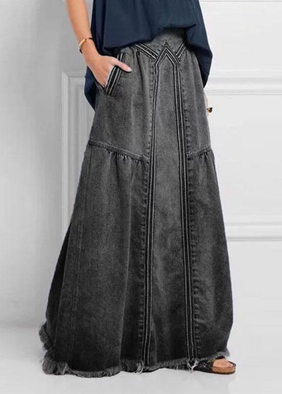 Women Distressed Solid Color Elastic Waist Loose Denim Skirt With Pocket - SooLinen