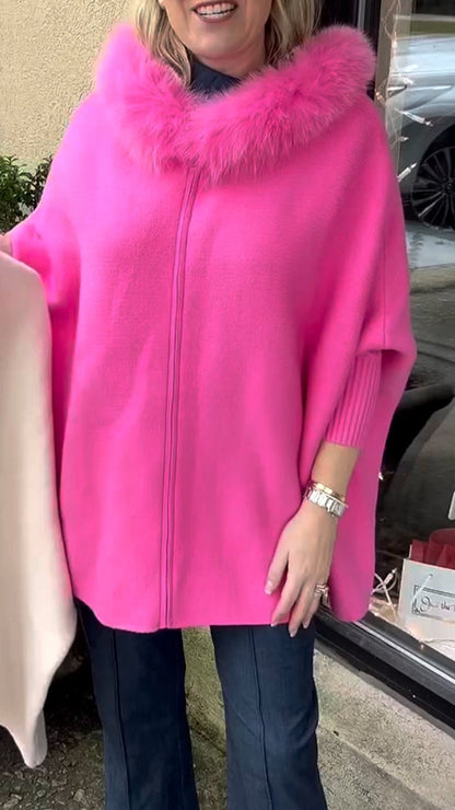 Manteau décontracté femme de couleur unie avec col en fourrure