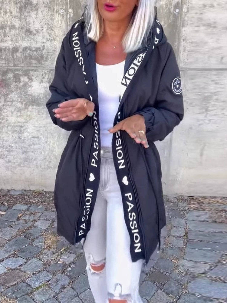 Women Hooded Letter Print Casual Coat - Seldom Seen Styles