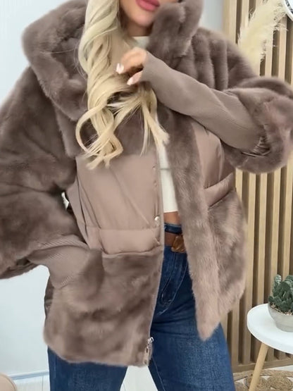 Damen Kapuzenplüsch Patchwork Freizeitjacke