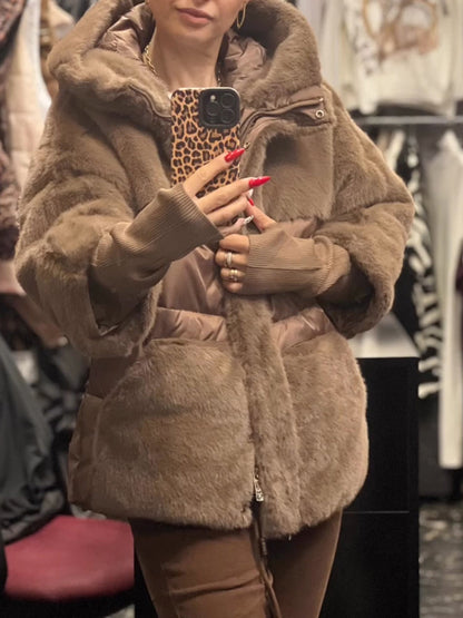 Damen Kapuzenplüsch Patchwork Freizeitjacke