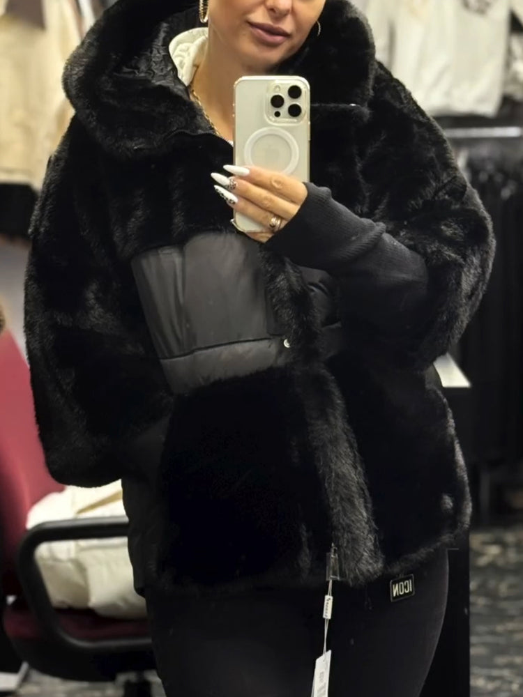 Women Hooded Plush Patchwork Casual Coat - Seldom Seen Styles