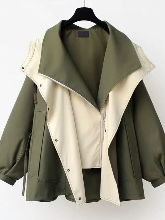 Women Lapel Loose Hooded Zippered Trench Coat - Seldom Seen Styles