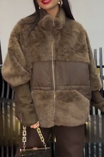 Manteau en peluche décontracté à revers et à coutures pour femme