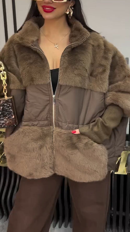 Manteau en peluche décontracté à revers et à coutures pour femme
