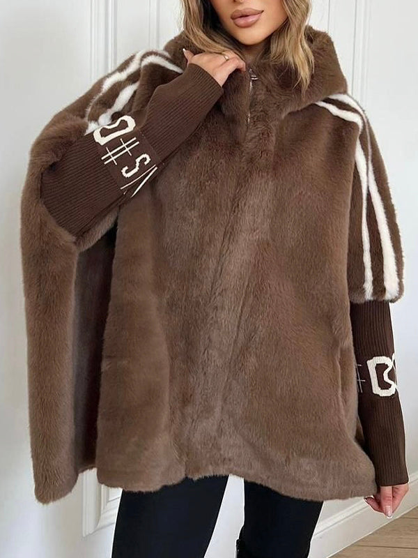 Women Plush Hooded Vertical Stripe Printed Casual Coat - Seldom Seen Styles