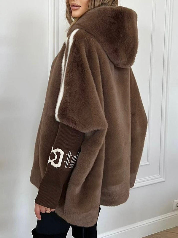 Women Plush Hooded Vertical Stripe Printed Casual Coat - Seldom Seen Styles