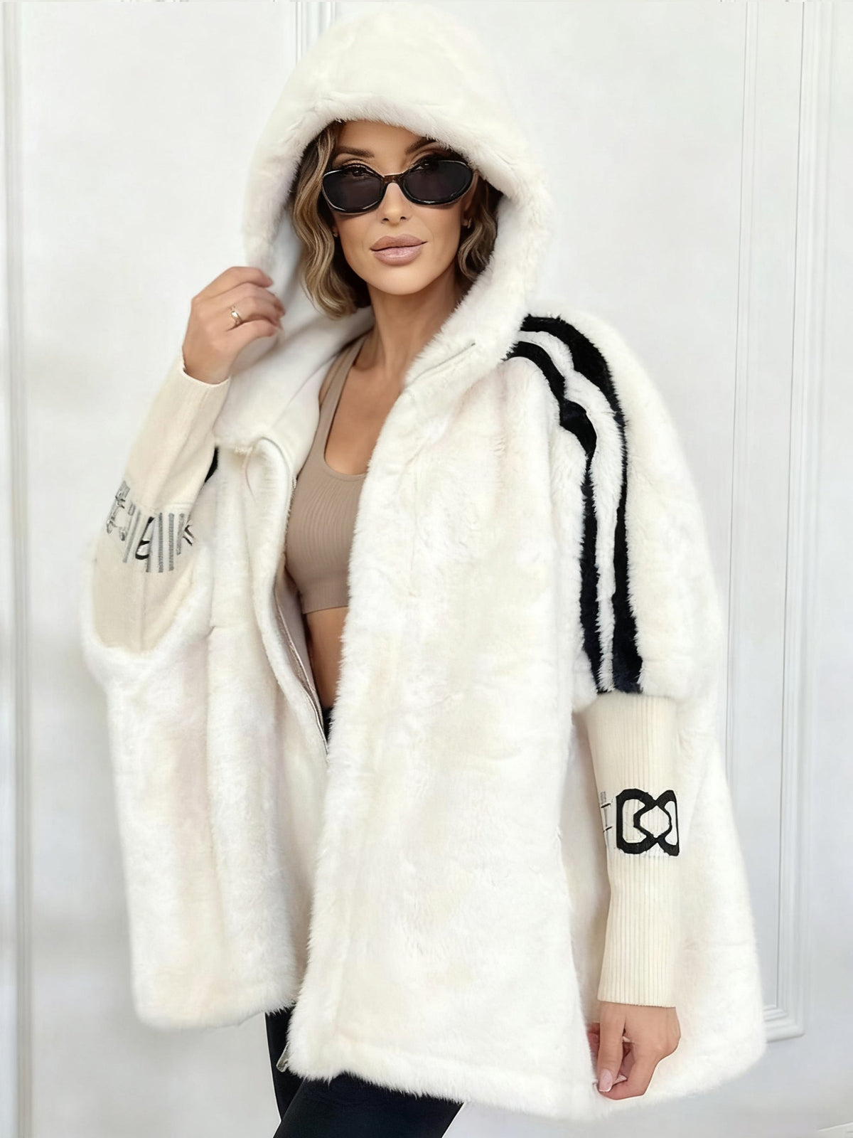 Women Plush Hooded Vertical Stripe Printed Casual Coat - Seldom Seen Styles