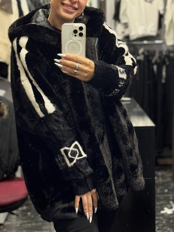 Women Plush Hooded Vertical Stripe Printed Casual Coat - Seldom Seen Styles