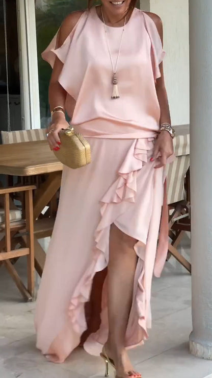 Women Round Neck Hollow Splicing Irregular Elegant Temperament Dress