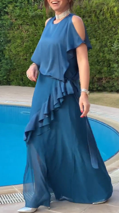 Women Round Neck Hollow Splicing Irregular Elegant Temperament Dress