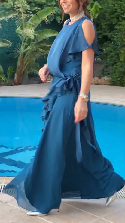 Women Round Neck Hollow Splicing Irregular Elegant Temperament Dress