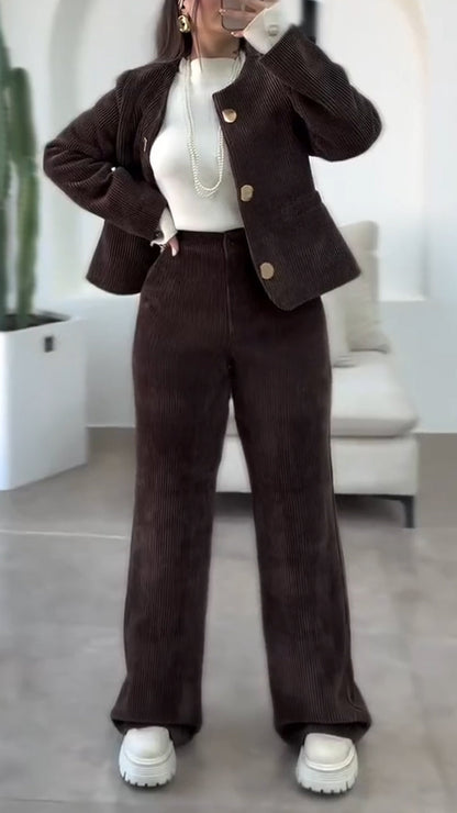 Ensemble décontracté veste boutonnée col rond + pantalon femme