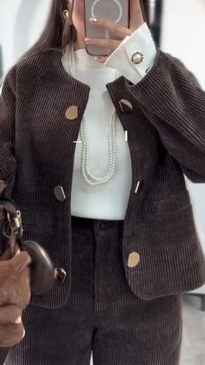 Ensemble décontracté veste boutonnée col rond + pantalon femme