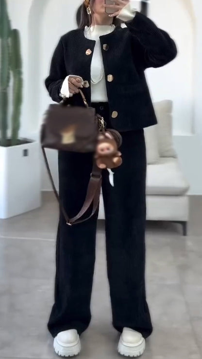 Ensemble décontracté veste boutonnée col rond + pantalon femme