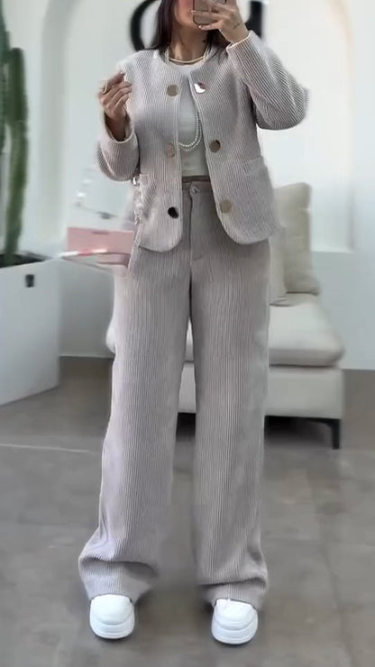 Ensemble décontracté veste boutonnée col rond + pantalon femme