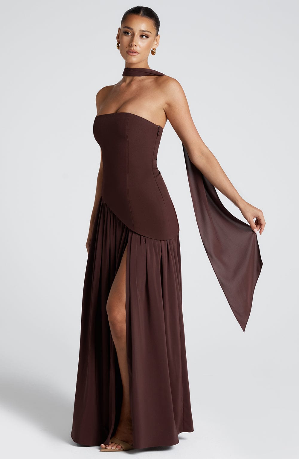 Women Strapless Patchwork Maxi Dress Sexy High Slit Tube Top Party Club with Scarf Long Prom Wedding Guest Dresses - Seldom Seen Styles