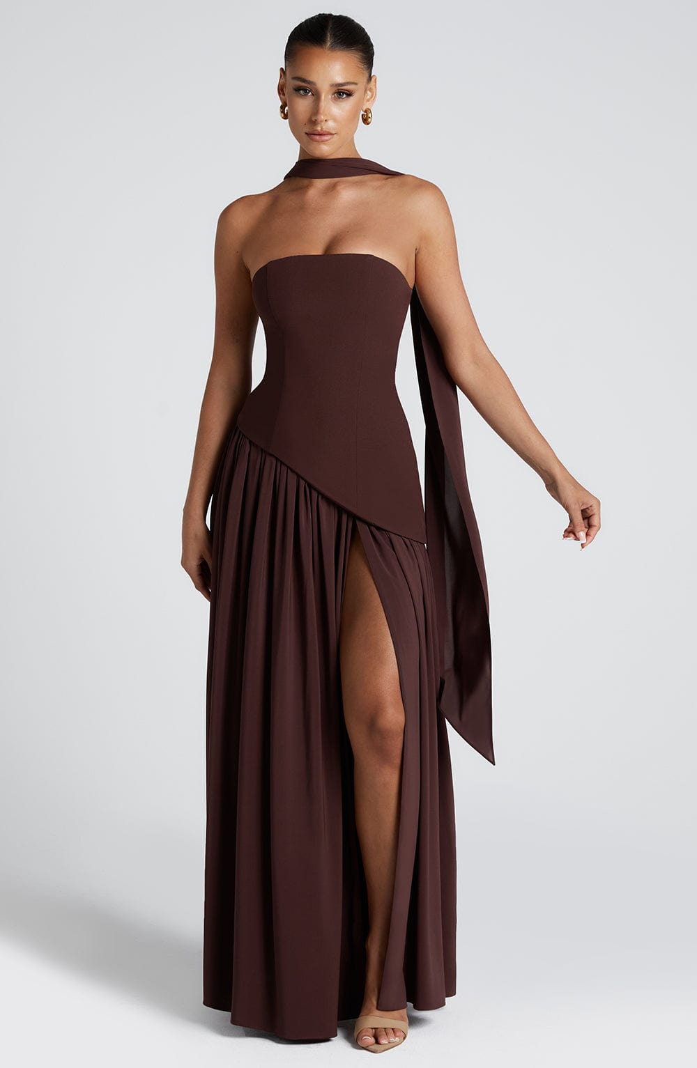 Women Strapless Patchwork Maxi Dress Sexy High Slit Tube Top Party Club with Scarf Long Prom Wedding Guest Dresses - Seldom Seen Styles