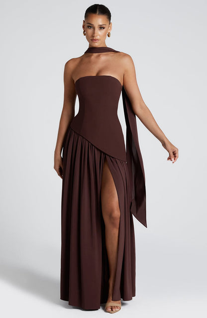 Robe longue bustier patchwork pour femme, sexy, avec fente haute, top tube, pour soirée club avec écharpe, robes longues de bal et d'invitée de mariage