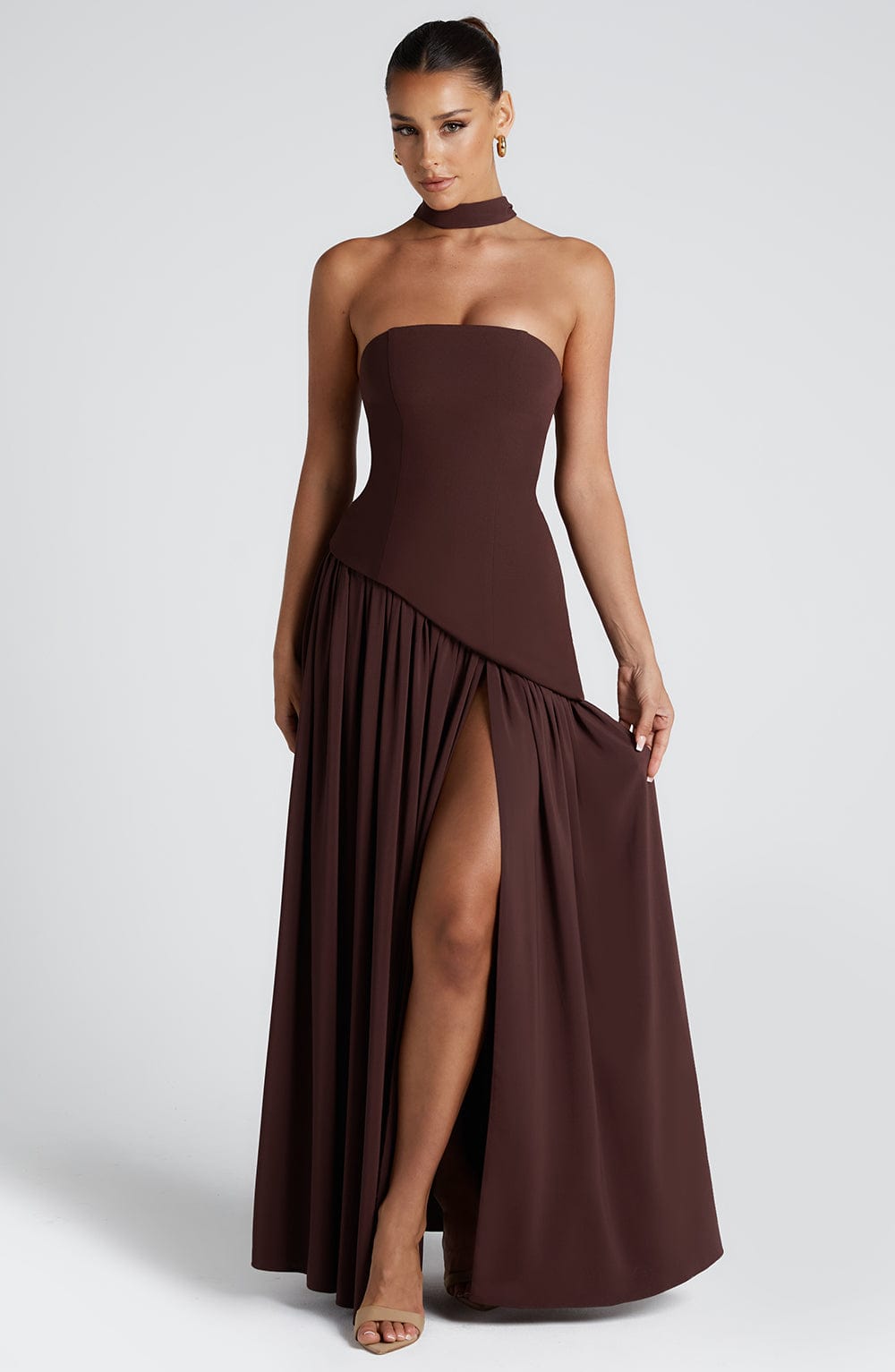 Women Strapless Patchwork Maxi Dress Sexy High Slit Tube Top Party Club with Scarf Long Prom Wedding Guest Dresses - Seldom Seen Styles