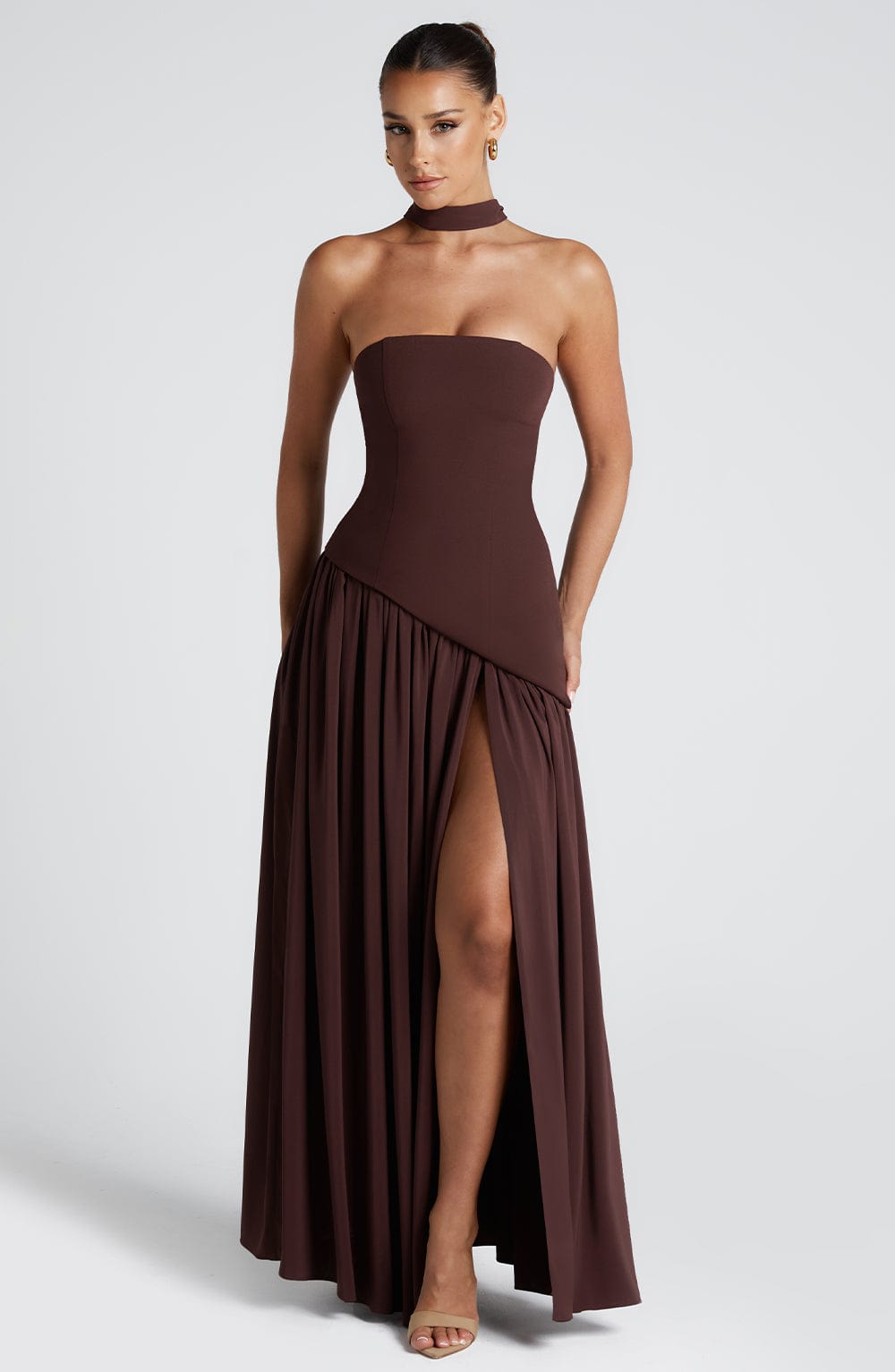 Women Strapless Patchwork Maxi Dress Sexy High Slit Tube Top Party Club with Scarf Long Prom Wedding Guest Dresses - Seldom Seen Styles