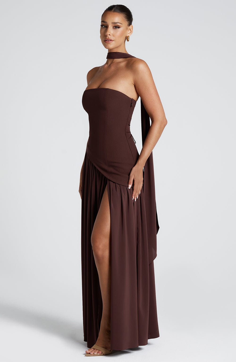 Women Strapless Patchwork Maxi Dress Sexy High Slit Tube Top Party Club with Scarf Long Prom Wedding Guest Dresses - Seldom Seen Styles