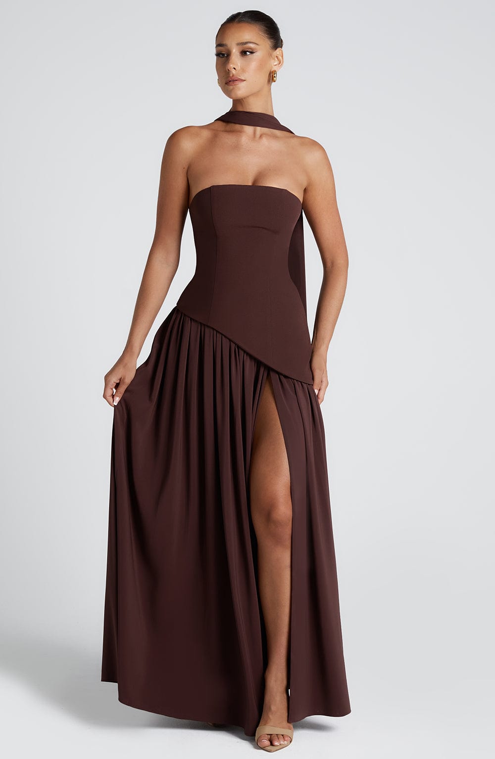 Women Strapless Patchwork Maxi Dress Sexy High Slit Tube Top Party Club with Scarf Long Prom Wedding Guest Dresses - Seldom Seen Styles