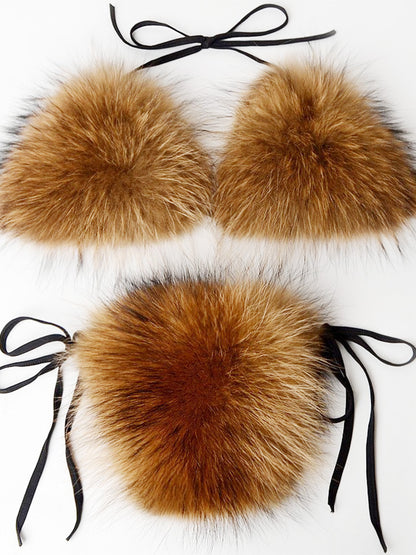 Maillot de bain 2 pièces sexy d'été pour femme, en fausse fourrure, rayé arc-en-ciel, dos nu, noué sur le côté, bralette en peluche, tenue de soirée